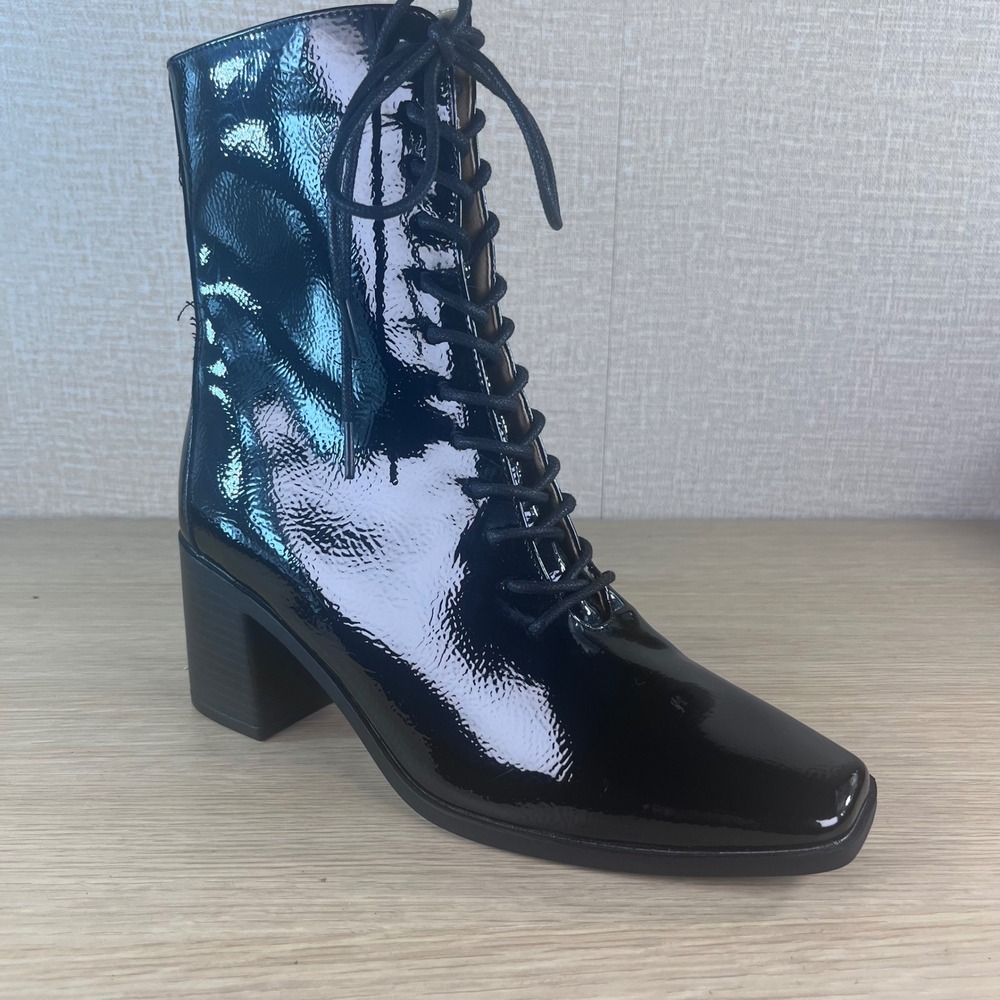 Journee Collection Cowa Black Patent Lace Up Square Toe Block Heel Booties 8.5M
